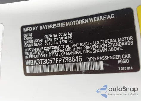 2015 BMW 435I из США, поврежденный, VIN WBA3T3C57FP738646